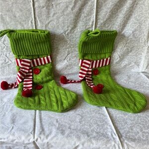 Green Knit Christmas Stockings with Red Accents